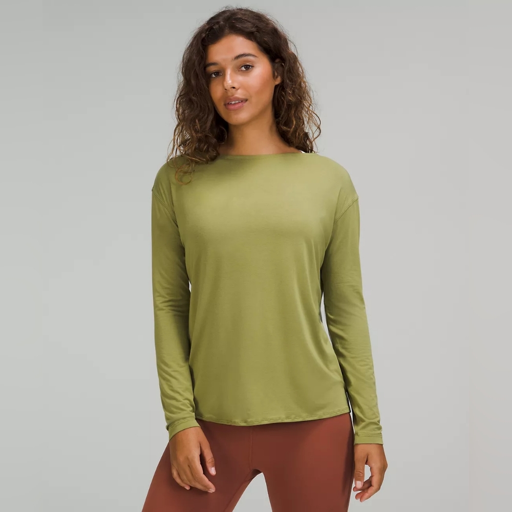 Lululemon Women's Green Modal-Blend Open-Back Long Sleeve Shirt Size 8